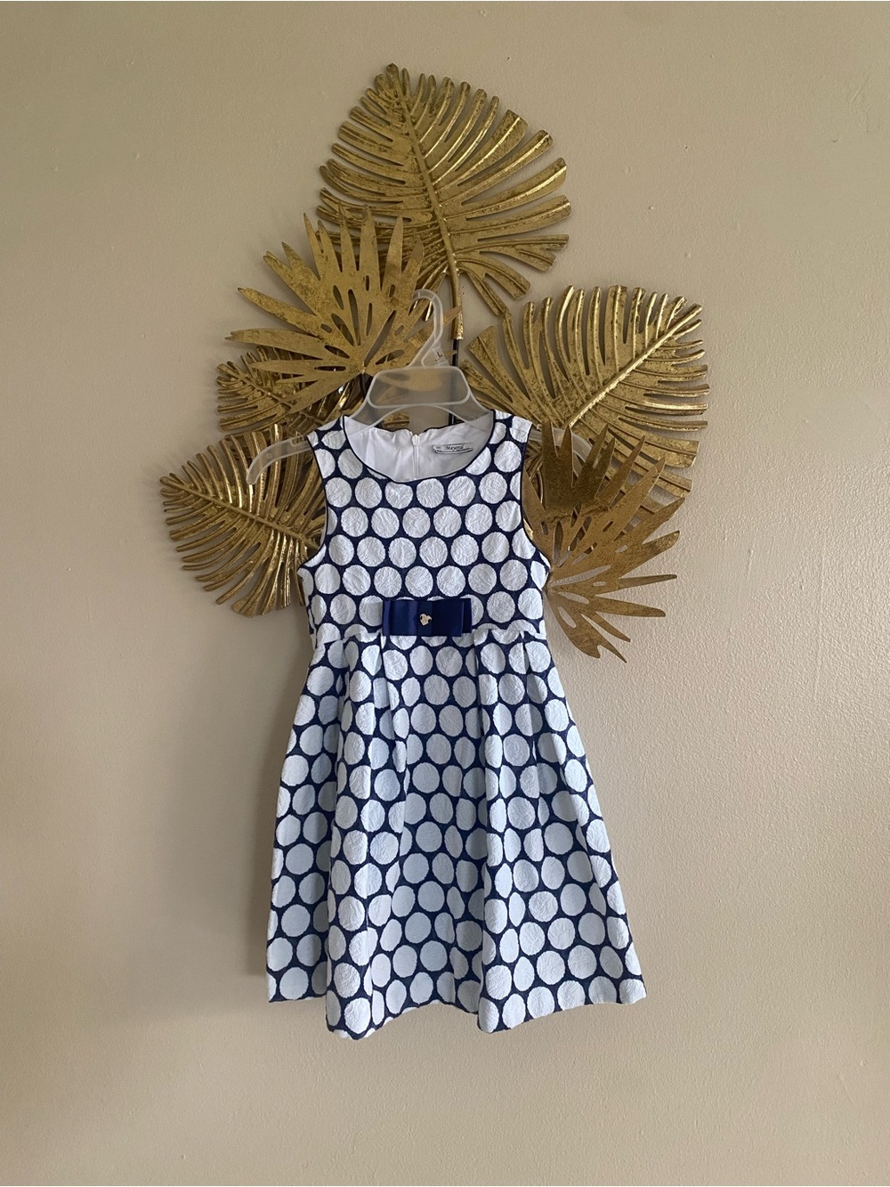 Mayoral Navy and White Polka Dot Fit-and-Flare Dress with Bow